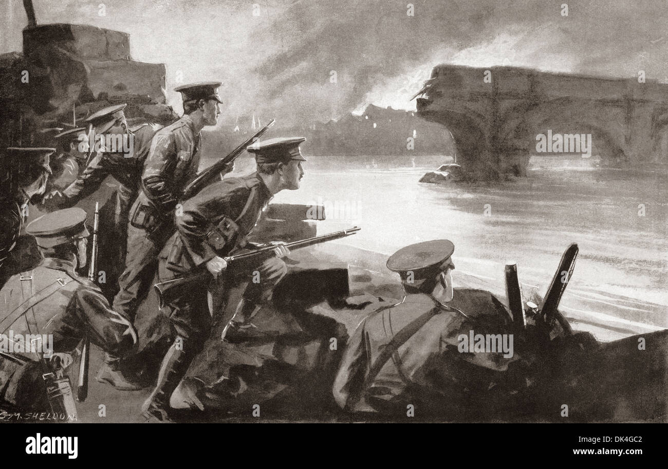 Incident dans le disque est battu en retraite à partir de la Belgique, les troupes britanniques sur la rive du fleuve prêt à résister à l'avance allemande pendant la PREMIÈRE GUERRE MONDIALE Banque D'Images