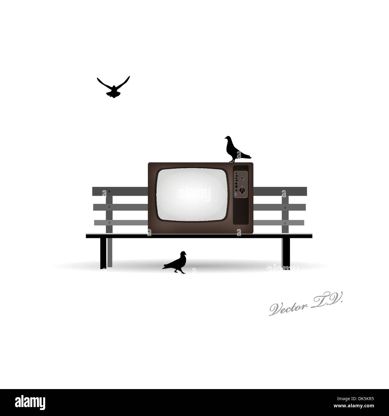 Retro TV sur le banc et les pigeons Illustration de Vecteur