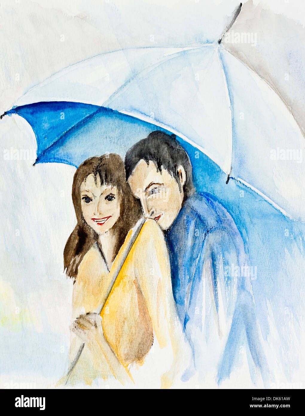 Pluie d'été- amour. parapluie et des jeunes. Art naïf fait main peint à l'Aquarelle illustration. Banque D'Images Pluie d'été- amour. parapluie et des jeunes. Art naïf fait main peint à l'Aquarelle illustration. Banque D'Images