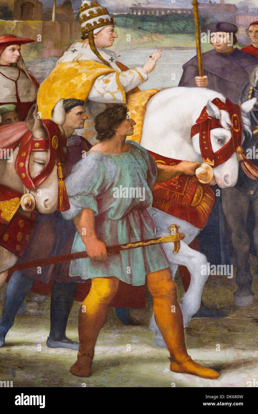 Détail de la réunion de Léon le Grand et Attila, une fresque conçu et peint par Raphaël (Raffaello Sanzio da Urbino) Banque D'Images