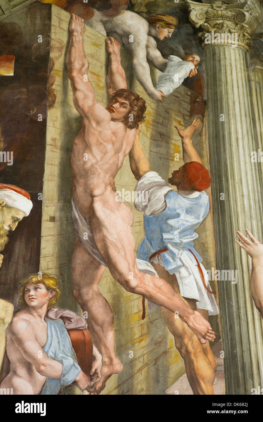 Détail de l'incendie dans le Borgo, une fresque conçue par Raphaël (Raffaello Sanzio da Urbino) et peint par Giulio Romano. Banque D'Images
