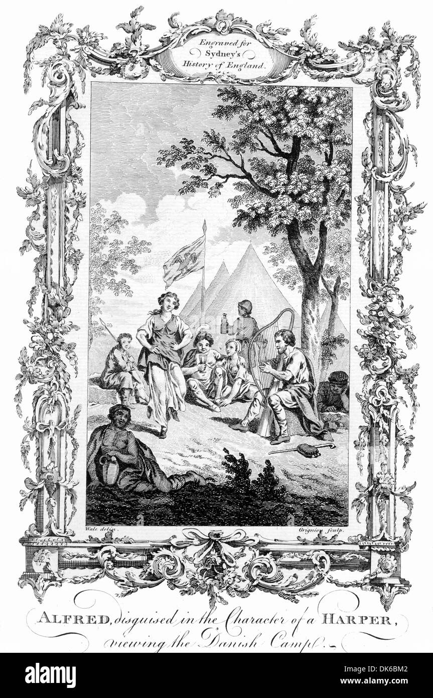 Le roi Alfred déguisé dans le caractère d'un harpiste en observant le camp danois Banque D'Images