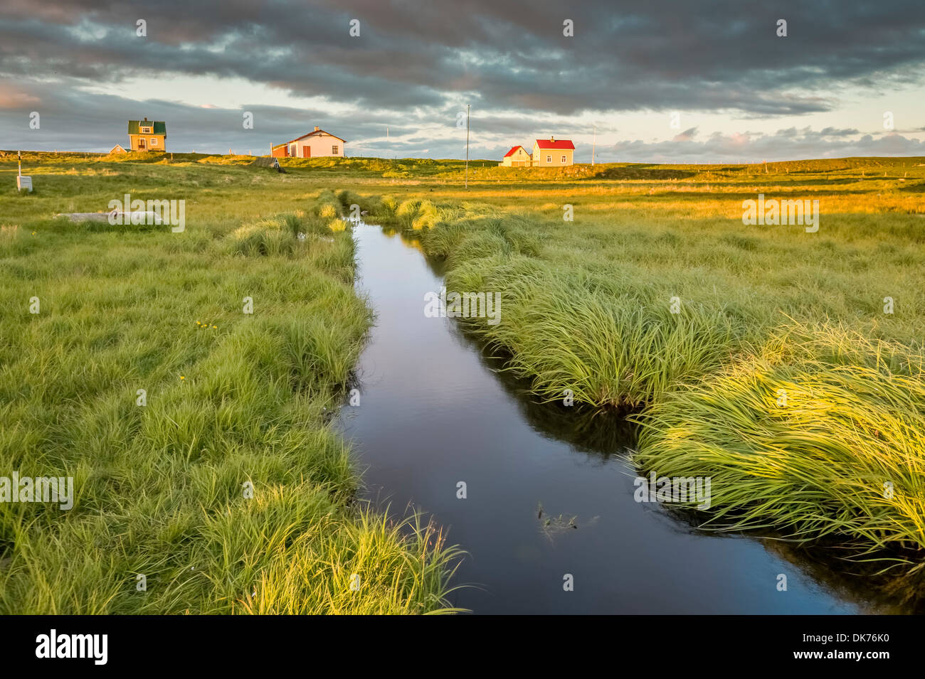 Les marais et maisons d'été, l'île de Flatey, Breidafjordur, Islande Banque D'Images