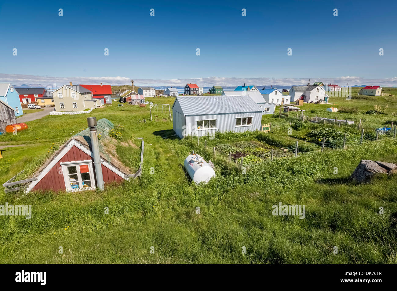 Maisons d'été, l'île de Flatey, Breidafjordur, Islande Banque D'Images