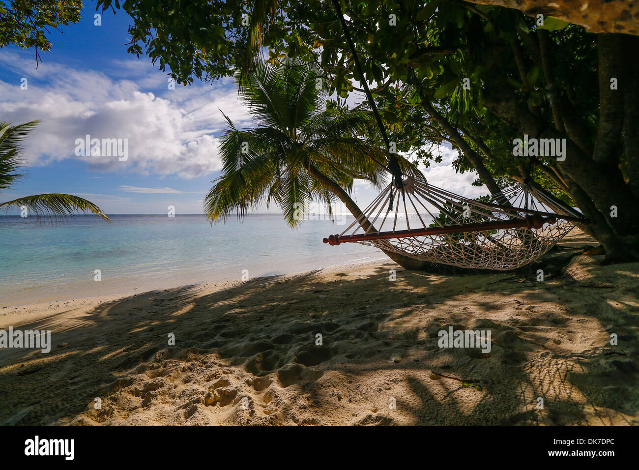 Hamac dans entre palmiers avec sable blanc et bleu clair de l'eau sur un paradis bounty island aux Maldives Banque D'Images