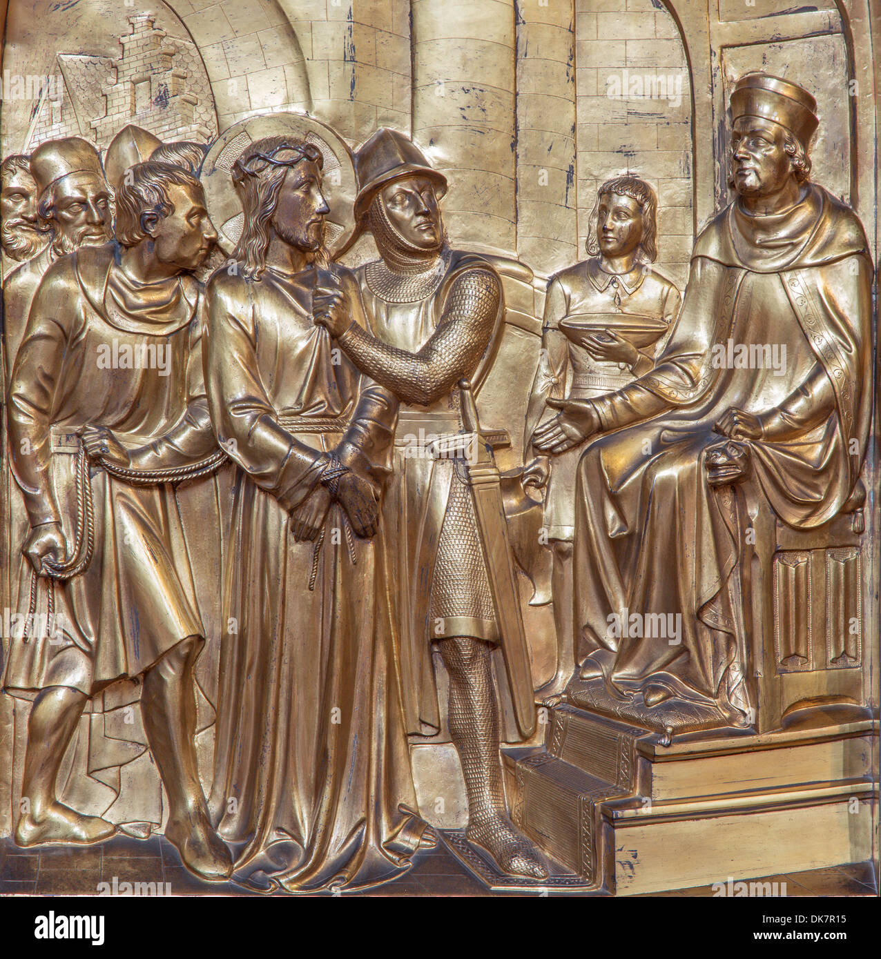 Antwepr - Joriskerk - Metal soulagement de Jésus pour scène de Pilate dans le cadre de l'application du cycle moyen Banque D'Images