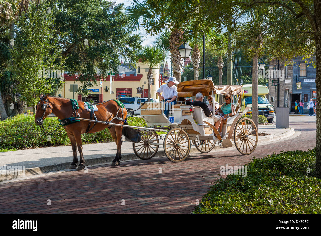 Les touristes de voitures un Cheval et buggy concession pour une visite guidée de la ville historique de Saint Augustine, Floride Banque D'Images