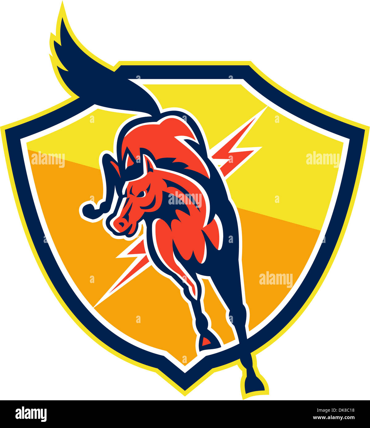 Illustration d'un saut à cheval rouge avec éclair situé à l''intérieur crest protection sur fond blanc isolé fait en style rétro. Banque D'Images