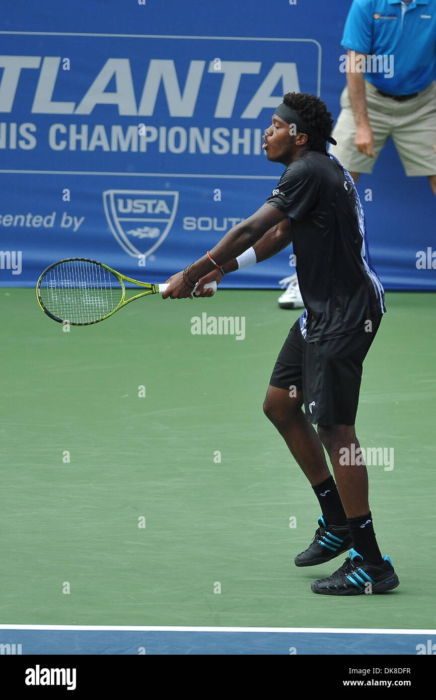 19 juillet 2011 - Norcross, Georgie, États-Unis d'Amérique - Phillip Simmonds (USA) parle de lui-même sur son revers à deux mains après une erreur non forcée contre Lleyton Hewitt (AUS) lors du premier tour. Phillip Simmonds, Lleyton Hewitt a battu en 5 sets 6-4, 6-4 au premier tour, mardi, dans l'action Atlanta Tennis Championships au Racquet Club du Sud dans No Banque D'Images