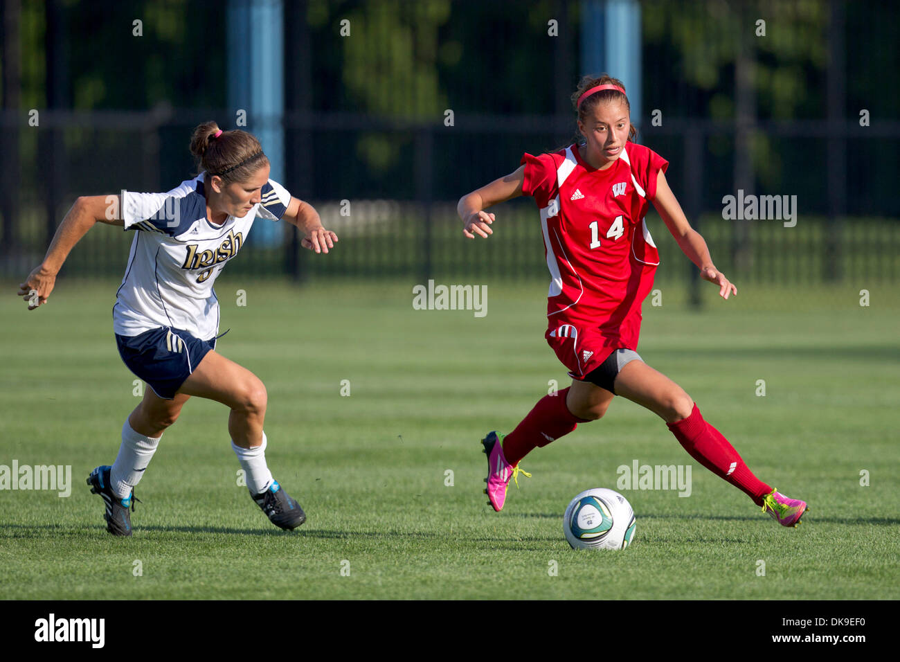 19 août 2011 - South Bend, Indiana, États-Unis - le milieu de terrain du Wisconsin Monica Lam-Feist (# 14) et Notre Dame au poste de défenseur/Molly Campbell (# 5) bataille pour la balle lâche en action lors du match de football NCAA entre le Wisconsin et Notre Dame. La Cathédrale Notre Dame Fighting Irish défait les Wisconsin Badgers 2-0 en match au champ des anciens à South Bend, Indiana. (Crédit Image : © John Mersit Banque D'Images