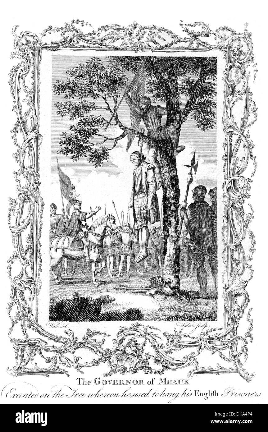 Le gouverneur de Meux exécuté par le roi Henry V sur l'arbre sur lequel il utilisé pour accrocher ses prisonniers anglais Banque D'Images