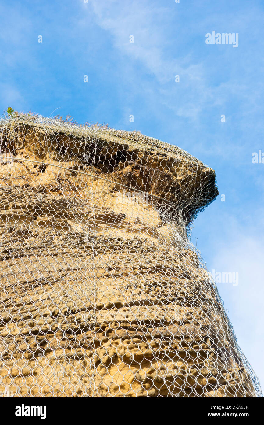 Mailles de fil utilisé pour stabiliser les falaises de grès de l'érosion à Whitby, North Yorkshire, UK Banque D'Images