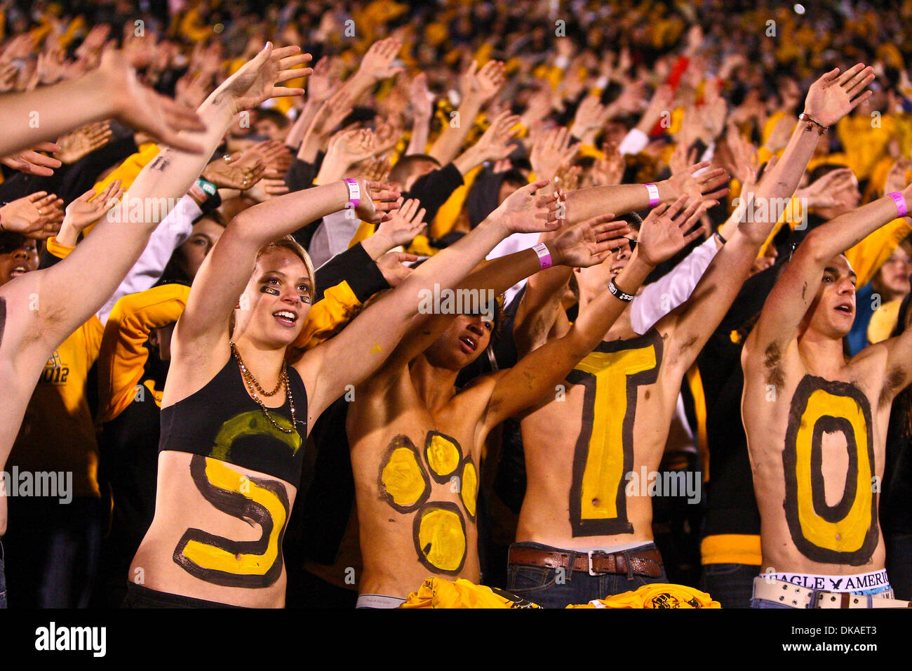 17 septembre 2011 - Columbia, Missouri, États-Unis - les étudiants de l'Université du Missouri cheer sur les tigres au cours d'un match entre l'Université du Missouri et de l'ouest de l'Illinois. Le jeu a été joué sur Faurot Field au Memorial Stadium sur le campus de l'Université du Missouri à Columbia (Missouri). Missouri Tigers défait Western Illinois Leathernecks 69-0. (Crédit Image : © Scott Kane/Southcr Banque D'Images