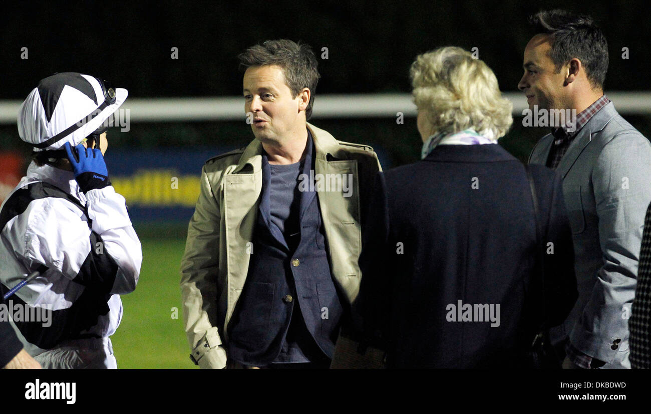 Declan Donnelly aka Dec et Anthony McPartlin aka Ant parler à Jockey Hayley Turner à l'hippodrome de Kempton Surrey - Angleterre Banque D'Images