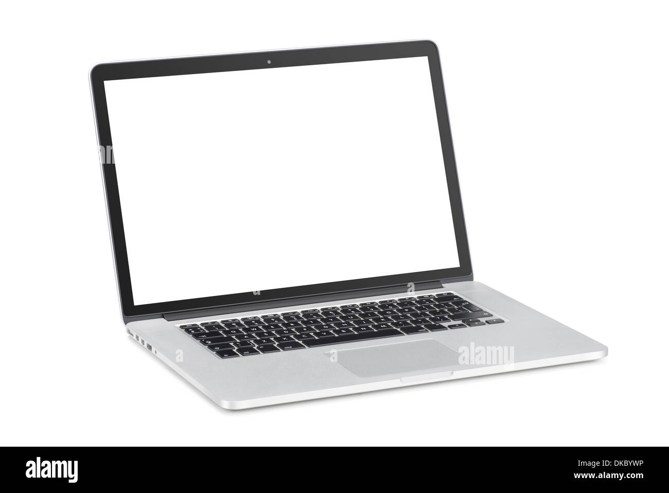 Tourné à un angle léger ordinateur portable moderne avec moniteur blanc incliné en arrière est isolé sur fond blanc. Haute qualité. Banque D'Images