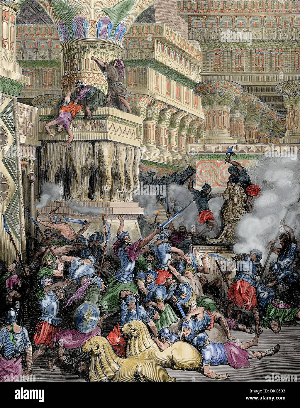 Jonathan détruit le Temple de Dago. Illustrations de la Bible de Gustave Dore. 1 Maccabées 10 : 83 à 89. Gravure en couleur. Banque D'Images