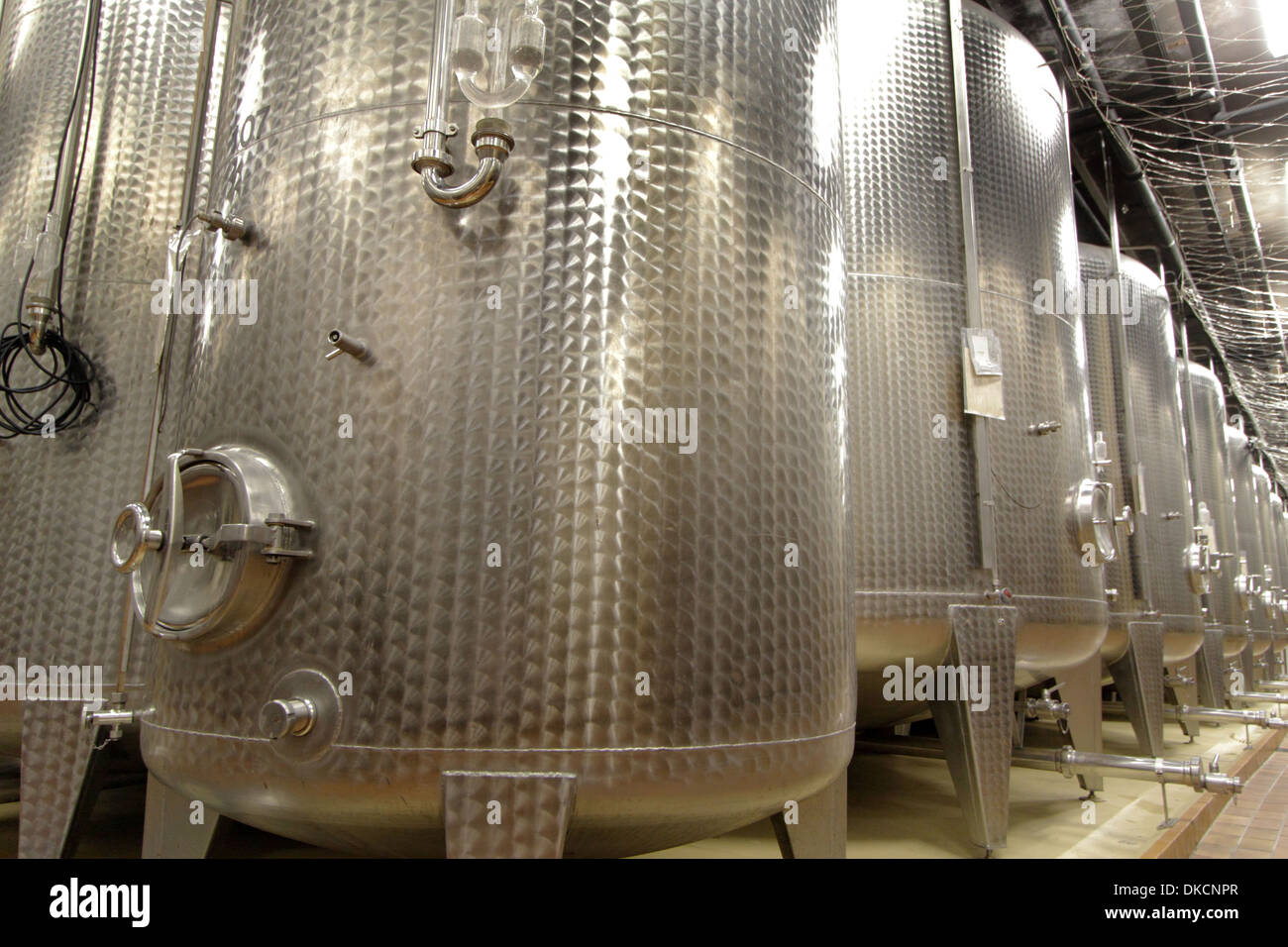 Des cuves en acier inoxydable sur industrial Wine Cellar Banque D'Images