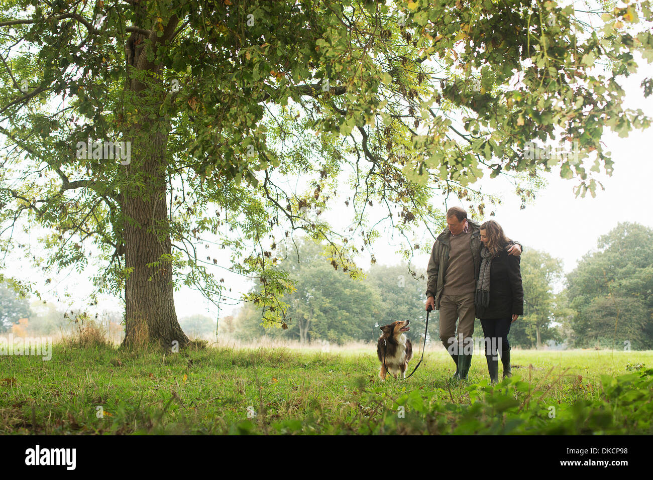 Senior couple walking dog, Norfolk, UK Banque D'Images