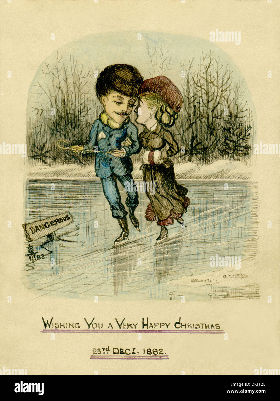 Noël victorien. Encre et aquarelle originale carte de Noël / carte postale d'un couple de patinage de glace, en date du 1882. Banque D'Images