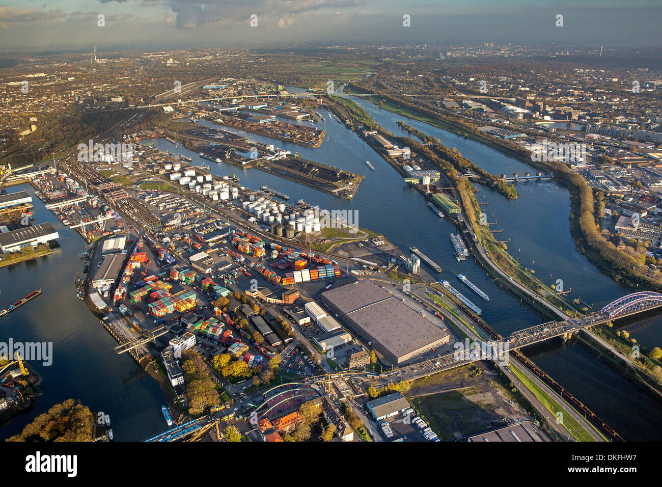 Vue aérienne, la construction d'un pont au Rhenus Partenariat, Vinckeufer terre, Port de Duisburg, Duisport, Ruhr River Banque D'Images