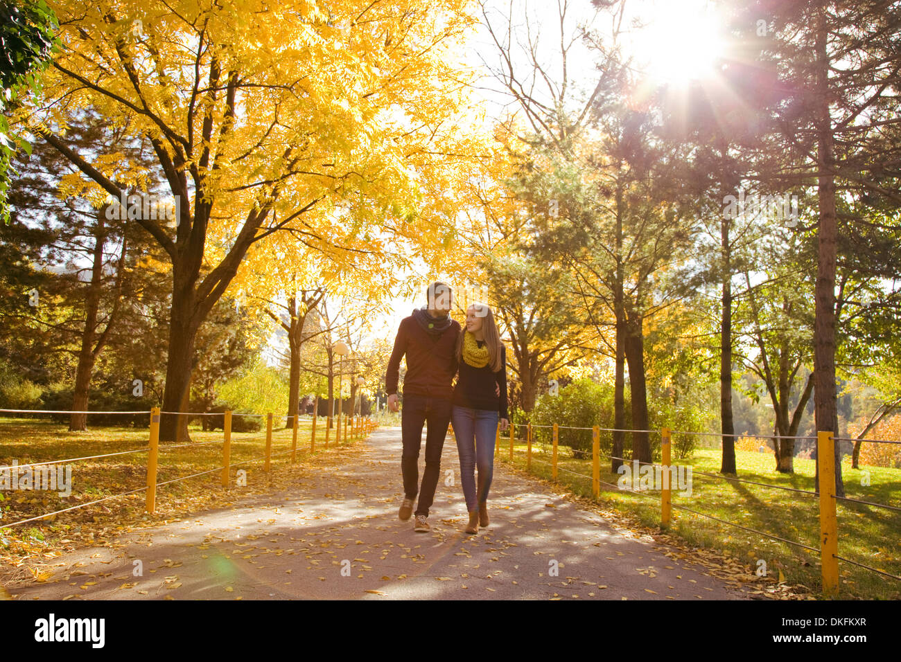 Jeune couple strolling in autumn park, Vienne, Autriche Banque D'Images