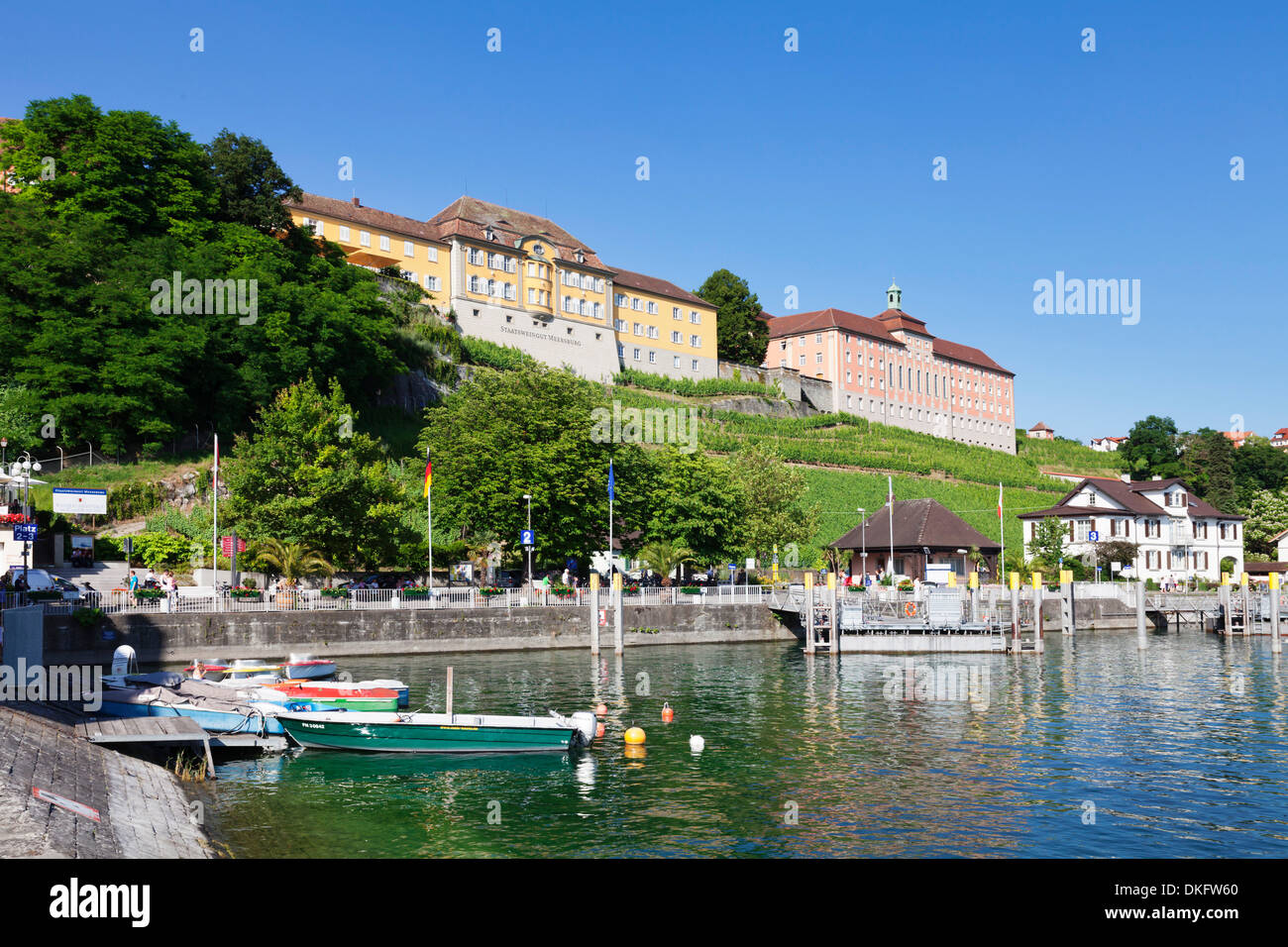 Port de Meersburg, nouveau château et vignobles de l'état, Meersburg, Lac de Constance, Baden Wurtemberg, Allemagne, Europe Banque D'Images