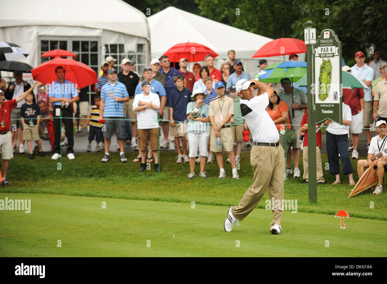 26 juin 2009 - Worcester, Massachusetts, États-Unis - 26 juin 2009 : Patrick Sheehan tees off lors du deuxième tour des voyageurs championnat au PTC River Highlands à Cromwell, CT. (Crédit Image : © Geoff Bolte/ZUMApress.com) Southcreek/mondial Banque D'Images