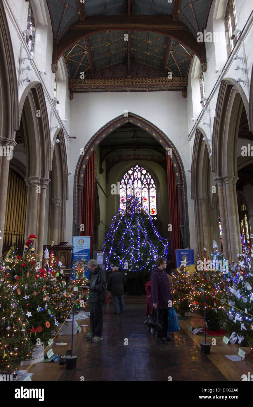 Arbre de Noël : juste une exposition d'arbres de Noël décorés dans l'église St Pierre, Sudbury, Suffolk, Angleterre. Banque D'Images