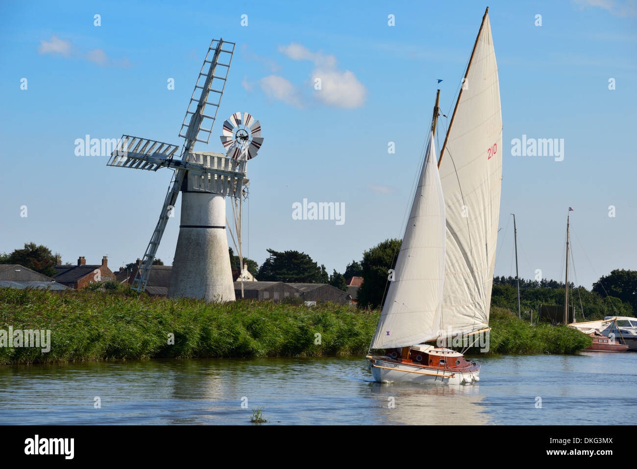 Bateau à voile en face de Thurne Drainage Digue Moulin, moulin, Thurne, Norfolk, Angleterre, Royaume-Uni, Europe Banque D'Images