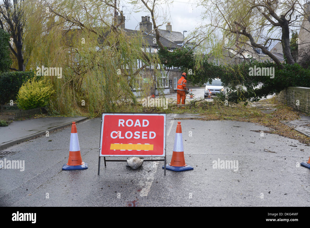 Panneau d'avertissement de route fermée en raison de l'arbre tombé lors de tempête, South Milford, Leeds, Royaume-Uni Banque D'Images