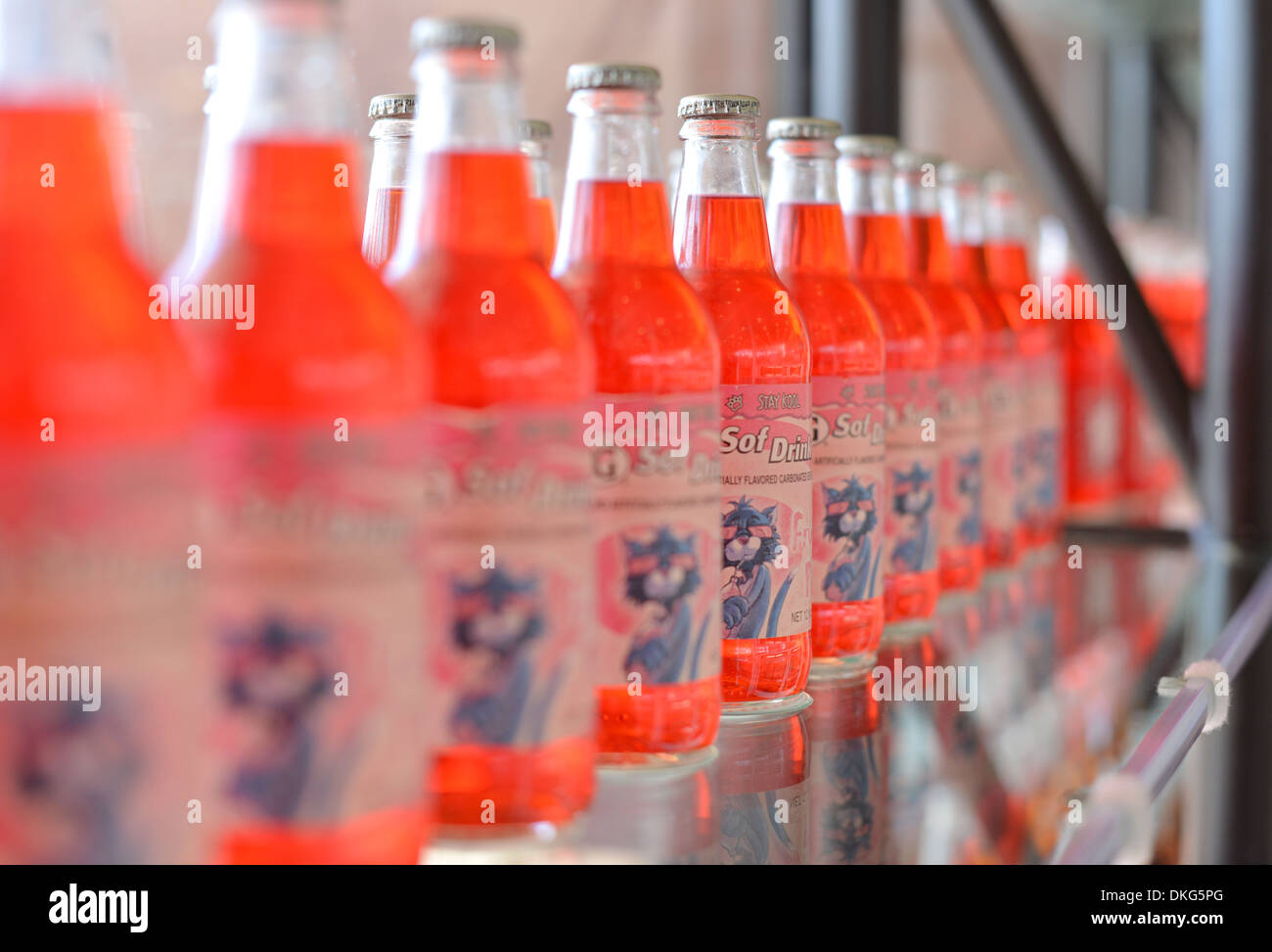 Des rangées de bouteilles de boissons gazeuses sur étagères en verre de soda pop ranch à Arcadia, Oklahoma. Bouteille de soda géant est une nouvelle route 66 monument Banque D'Images