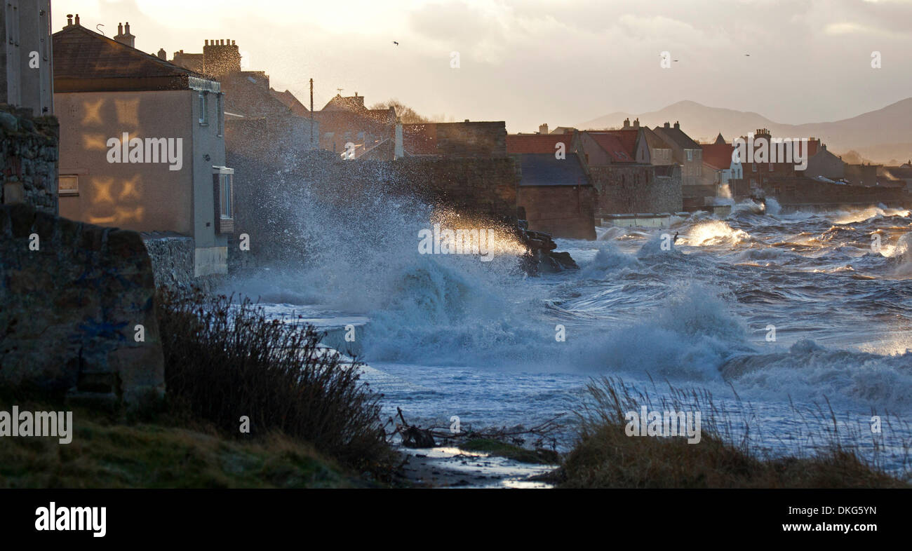 5e décembre 2013 Prestonpans, East Lothian, Scotland, UK menace d'inondations côtières maisons sur la côte est, en raison du risque de fortes vagues et très rapides et l'eau. Banque D'Images