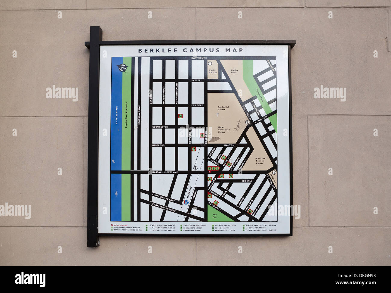 Un collège de musique Berklee campus carte montre l'emplacement des bâtiments et les rues de Boston. Banque D'Images