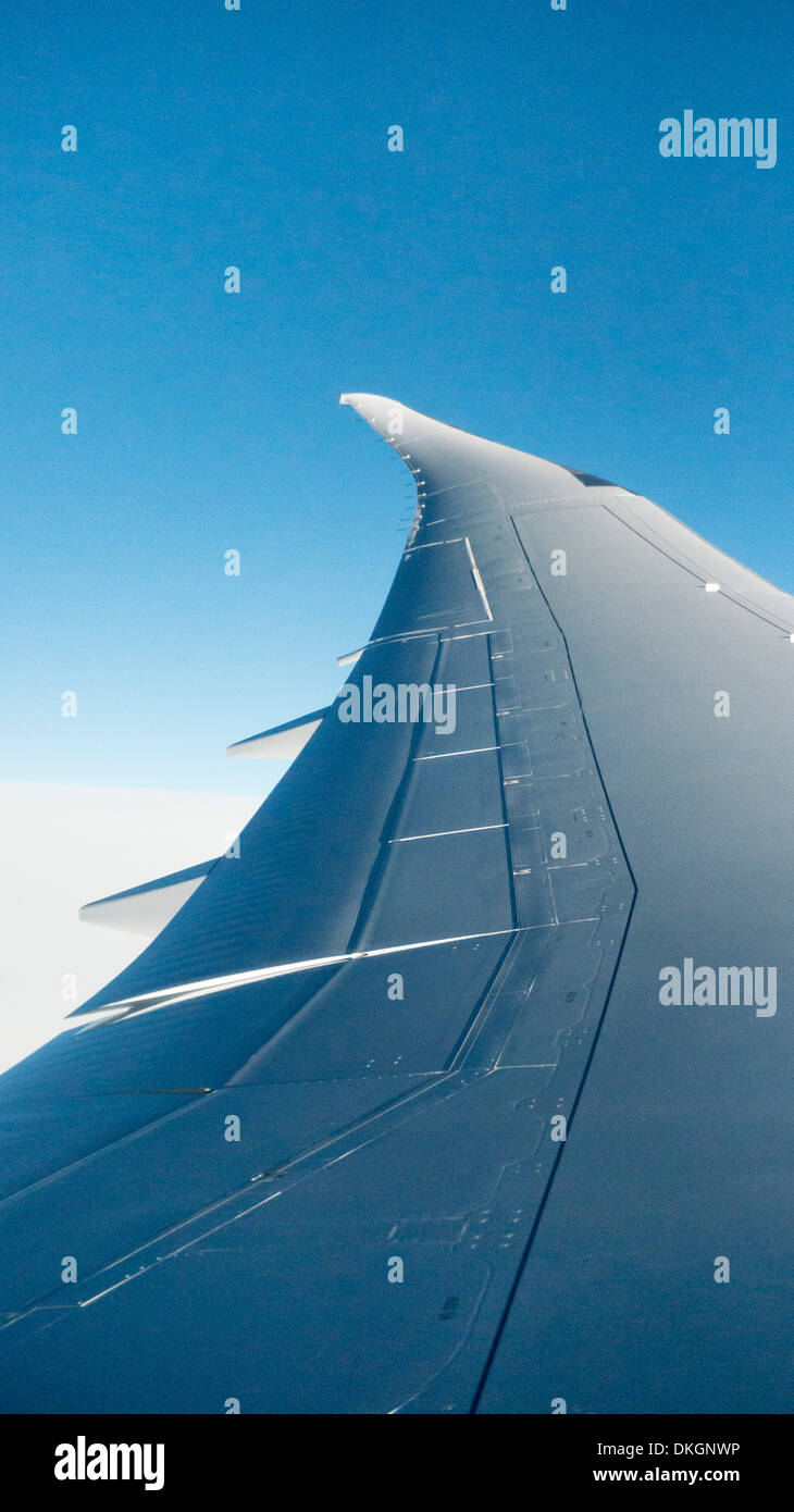 Belle forme aile aviaire envergure de Boeing 787 Dreamliner vu de l'intérieur de la cabine à l'altitude de croisière contre ciel bleu pur Banque D'Images