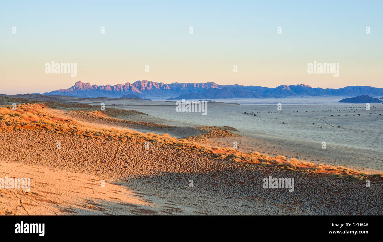 La première lumière sur les dunes et les montagnes de NamibRand, Désert du Namib, Namibie, Afrique Banque D'Images
