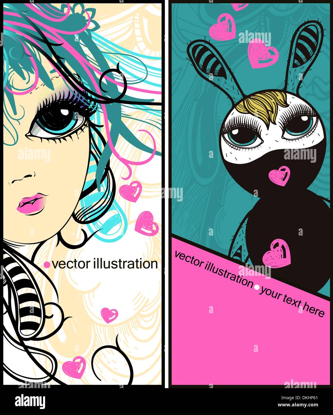 Deux cartes vectorielles avec un lapin et une jolie fille avec coupe de fantaisie Illustration de Vecteur