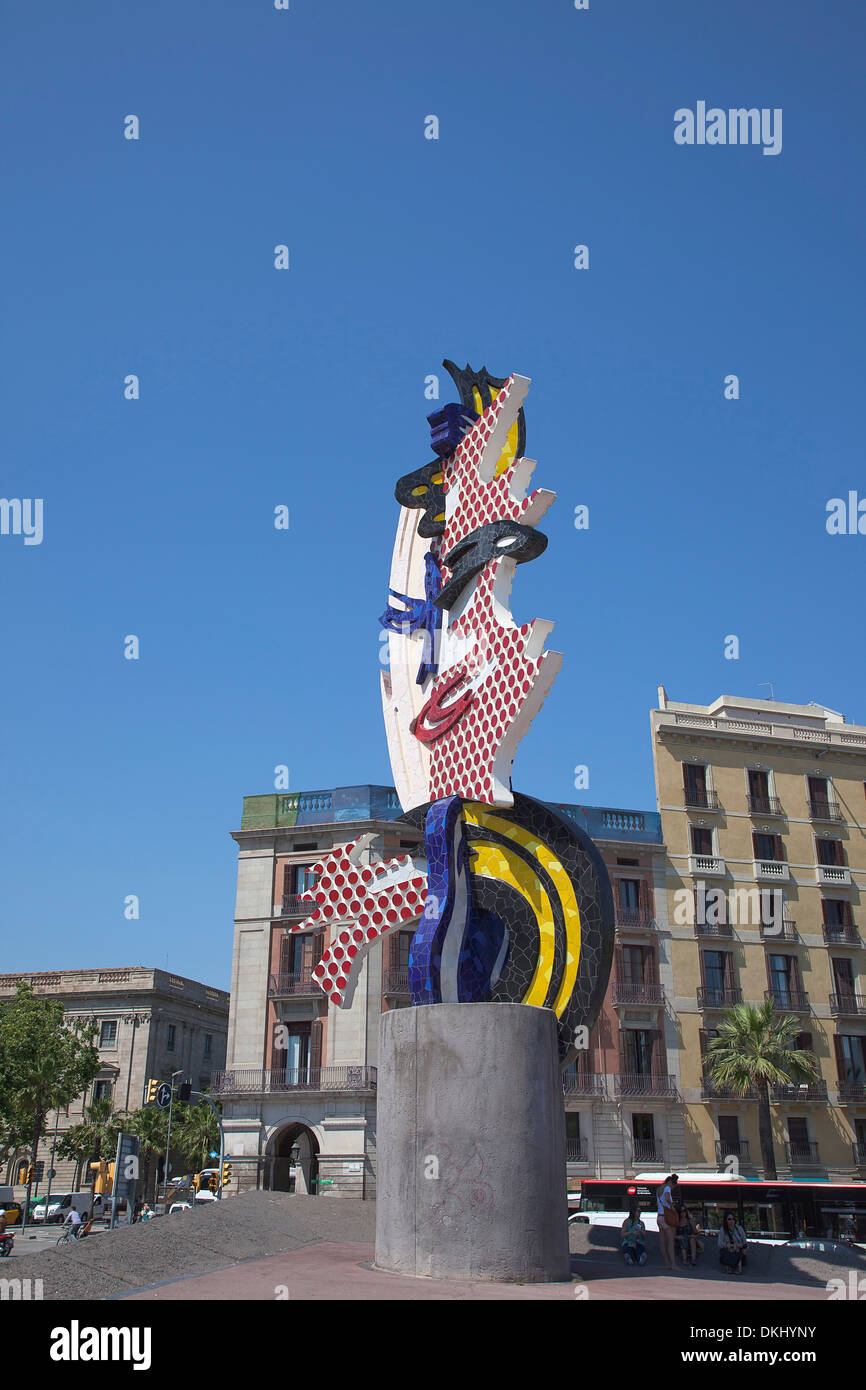 Espagne, Catalogne, Barcelone, El Barri Gotic, Port Vell, Barcelone El Cap de sculpture par Roy Lichtenstein. Banque D'Images