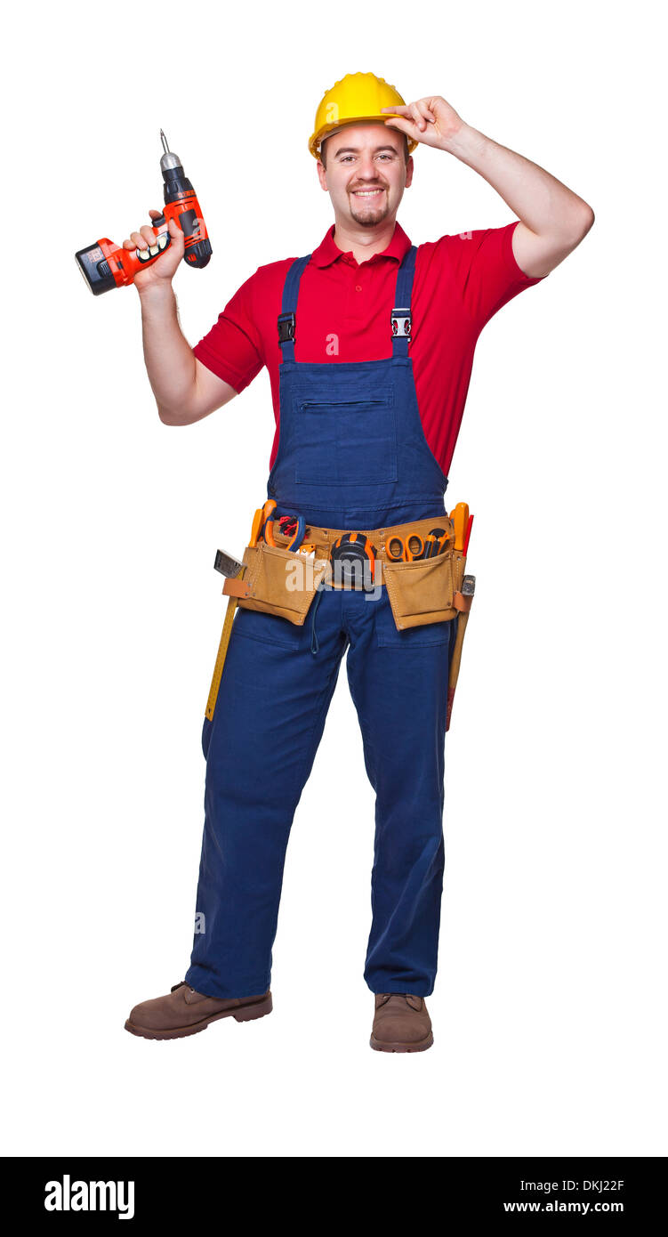 Sourire d'ouvrier isolé sur fond blanc Banque D'Images