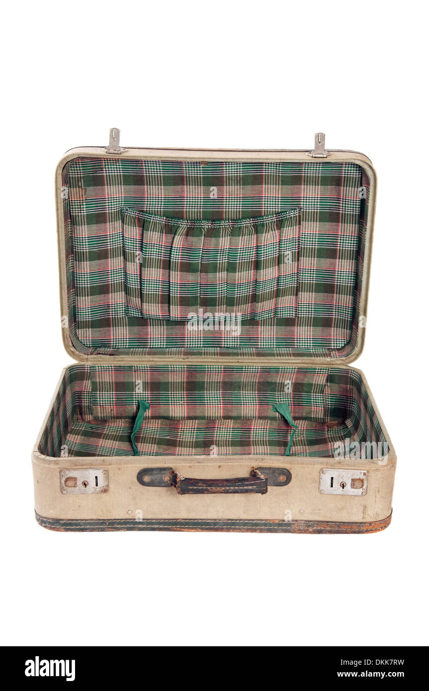 Ouvrir vintage suitcase isolé sur fond blanc Banque D'Images