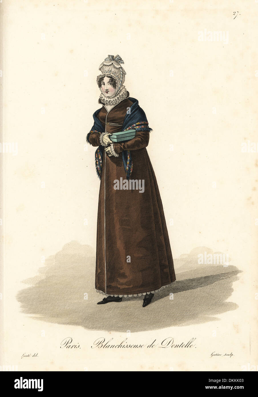 Blanchisseuse dentelle, Paris, début 19thC, dentelle blanc bonnet et col. Banque D'Images