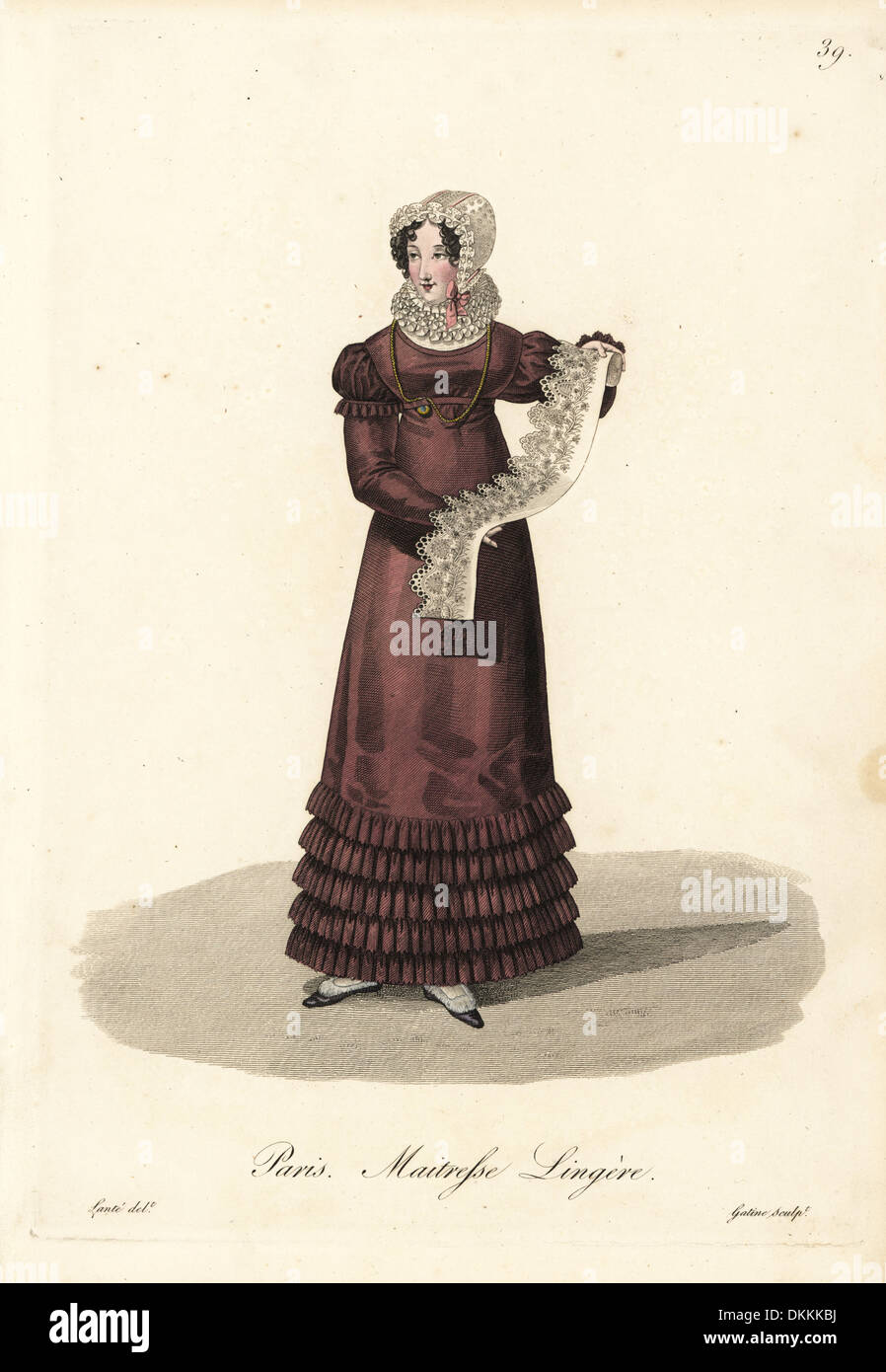 Blanchisserie maîtresse, Paris, début 19thC, tenant une pièce de dentelle. Banque D'Images