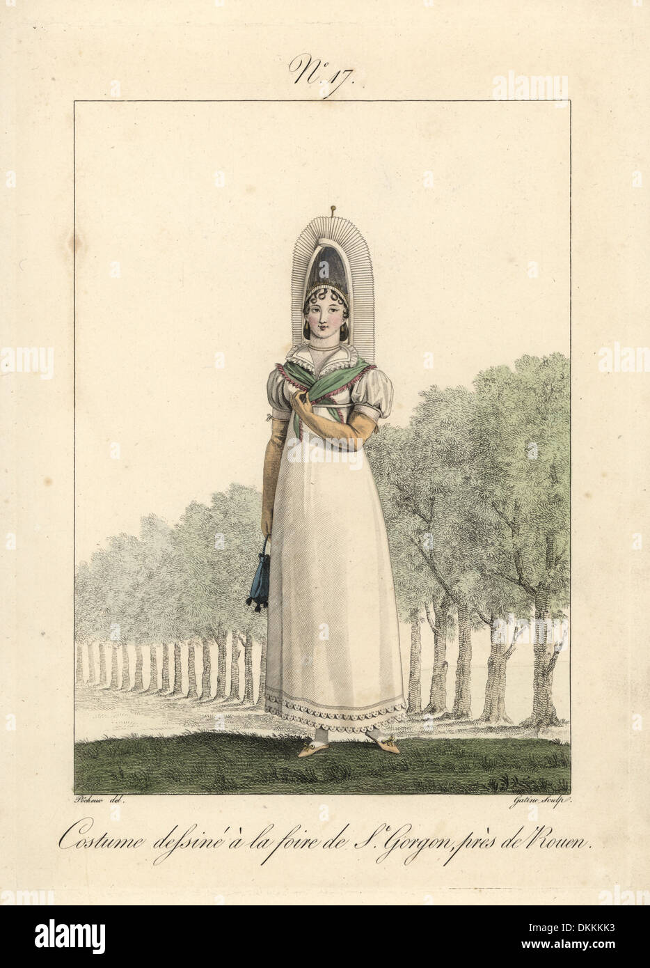 Costume d'une femme à la foire de Saint Gorgon, près de Rouen. Banque D'Images
