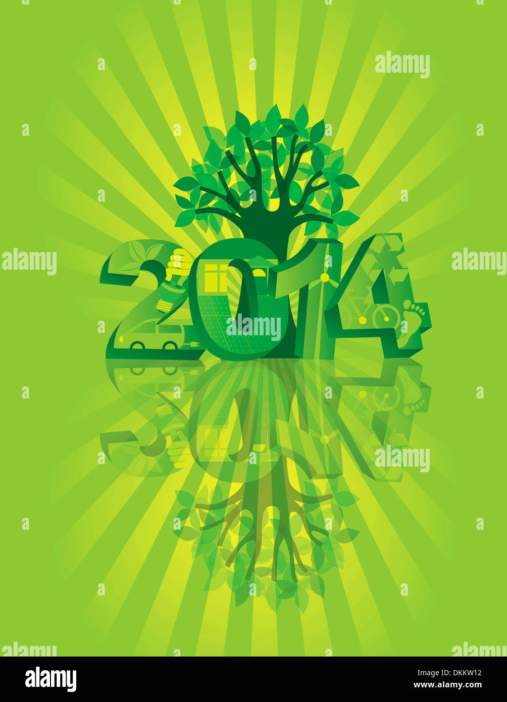 Nouvelle Année 2014 Rendez-vous des chiffres Symboles verts avec un arbre isolé sur fond de réflexion avec Sunray Illustration Banque D'Images