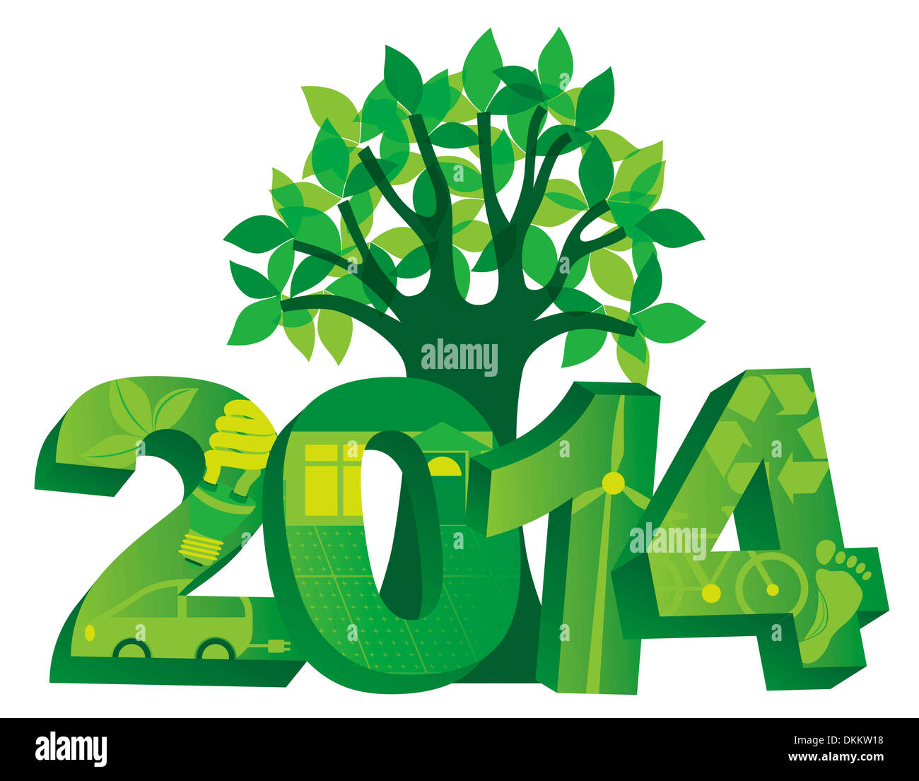 Nouvelle Année 2014 Rendez-vous des chiffres Symboles verts avec un arbre isolé sur fond blanc Illustration Banque D'Images
