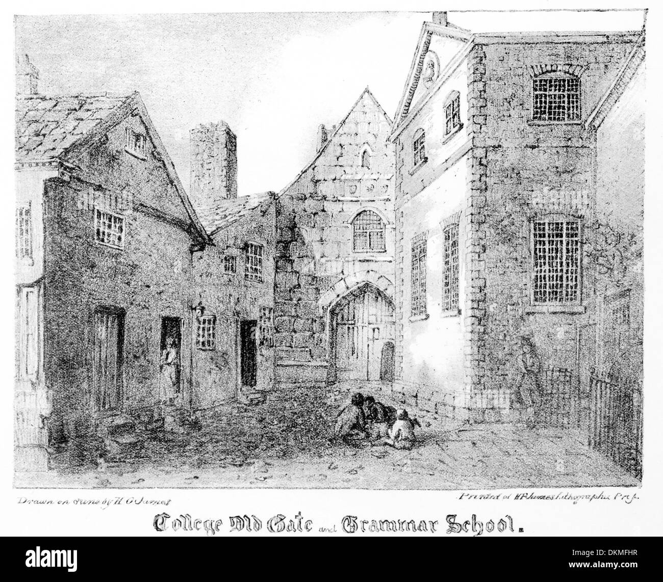 Copie d'impression lithographique faite en 1820 du Collège de Manchester Grammar School et vieille porte Banque D'Images