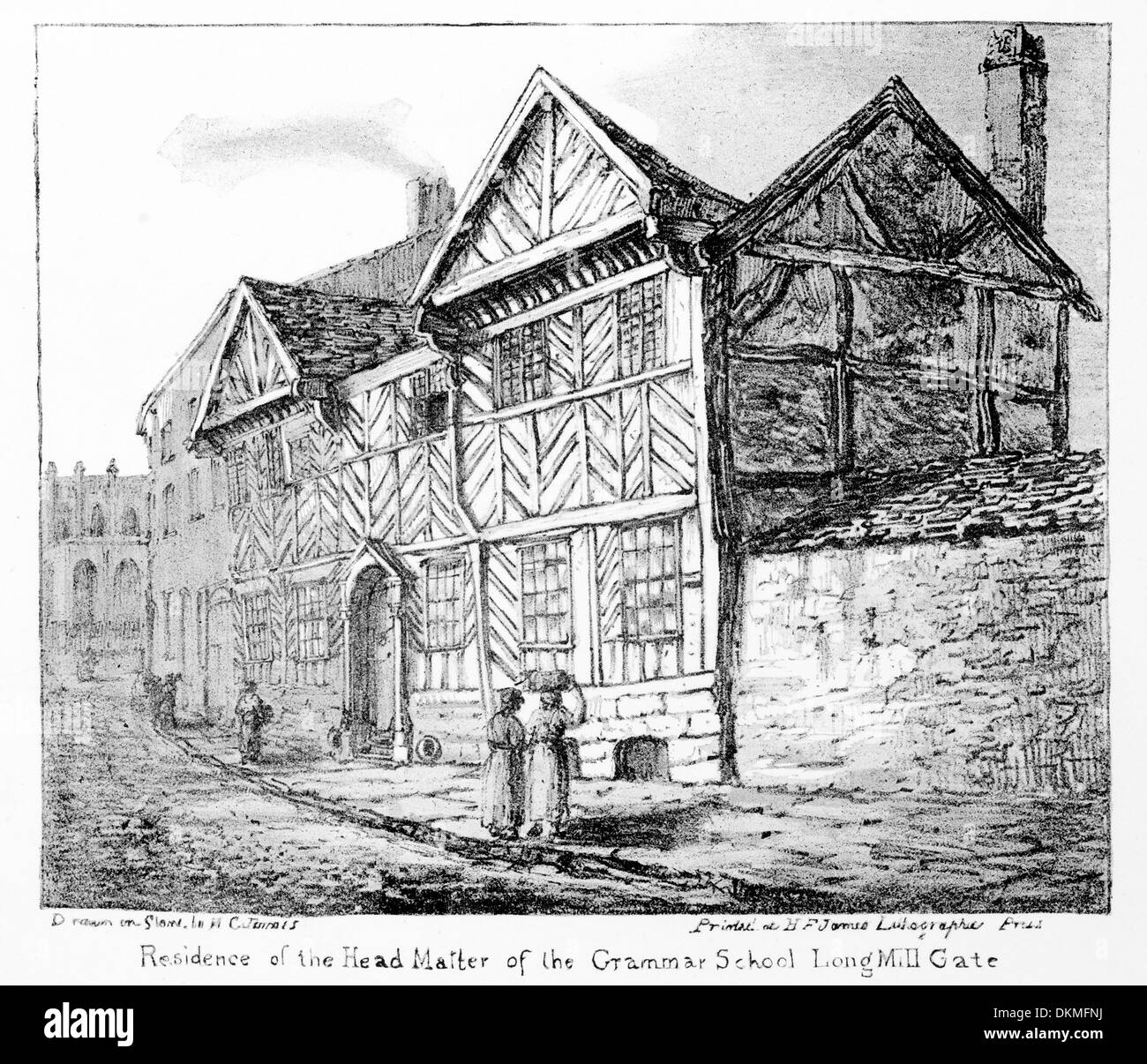 Copie d'impression lithographique faite en 1820 de Manchester, résidence du chef de l'école de grammaire Maiter Long Mill Gate Banque D'Images