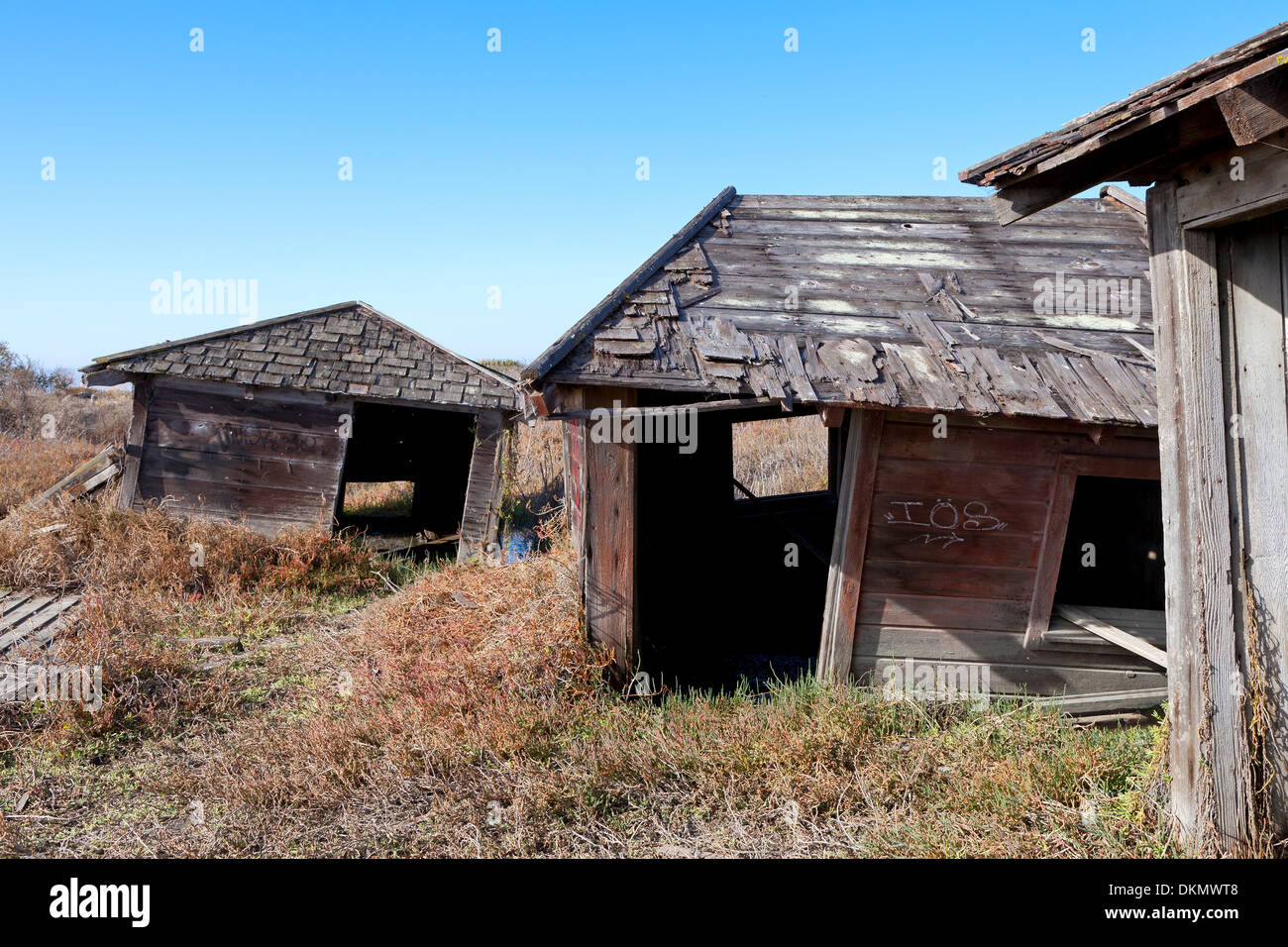 Des cabanes abandonnées lentement sombrer dans le marais à la ville fantôme de pont-levis, dans le sud de la baie de San Francisco. Banque D'Images
