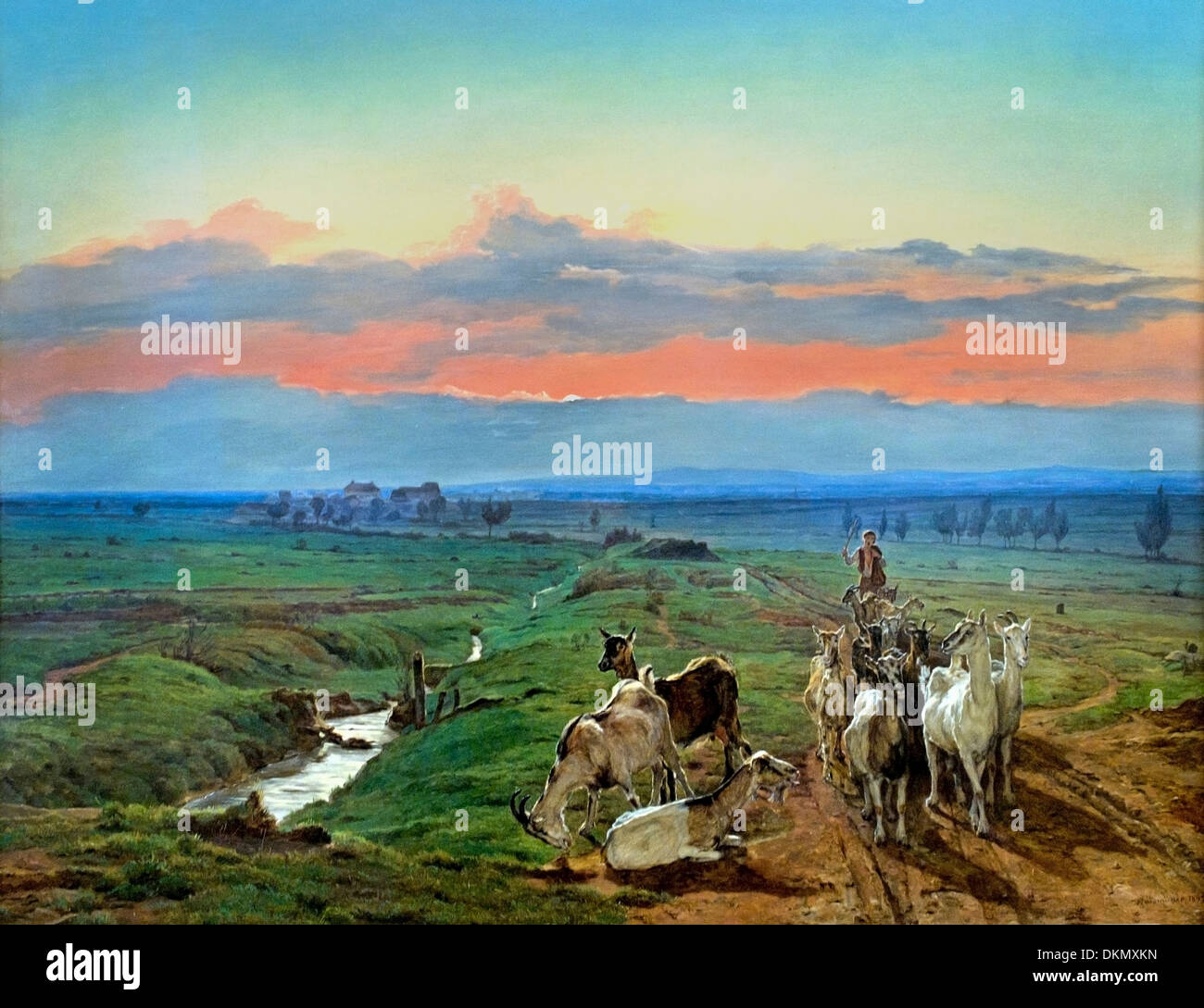 Soir Paysage avec troupeau de chèvres 1847 Ferdinand Georg Waldmuller 1793-1865 Allemand Allemagne Banque D'Images