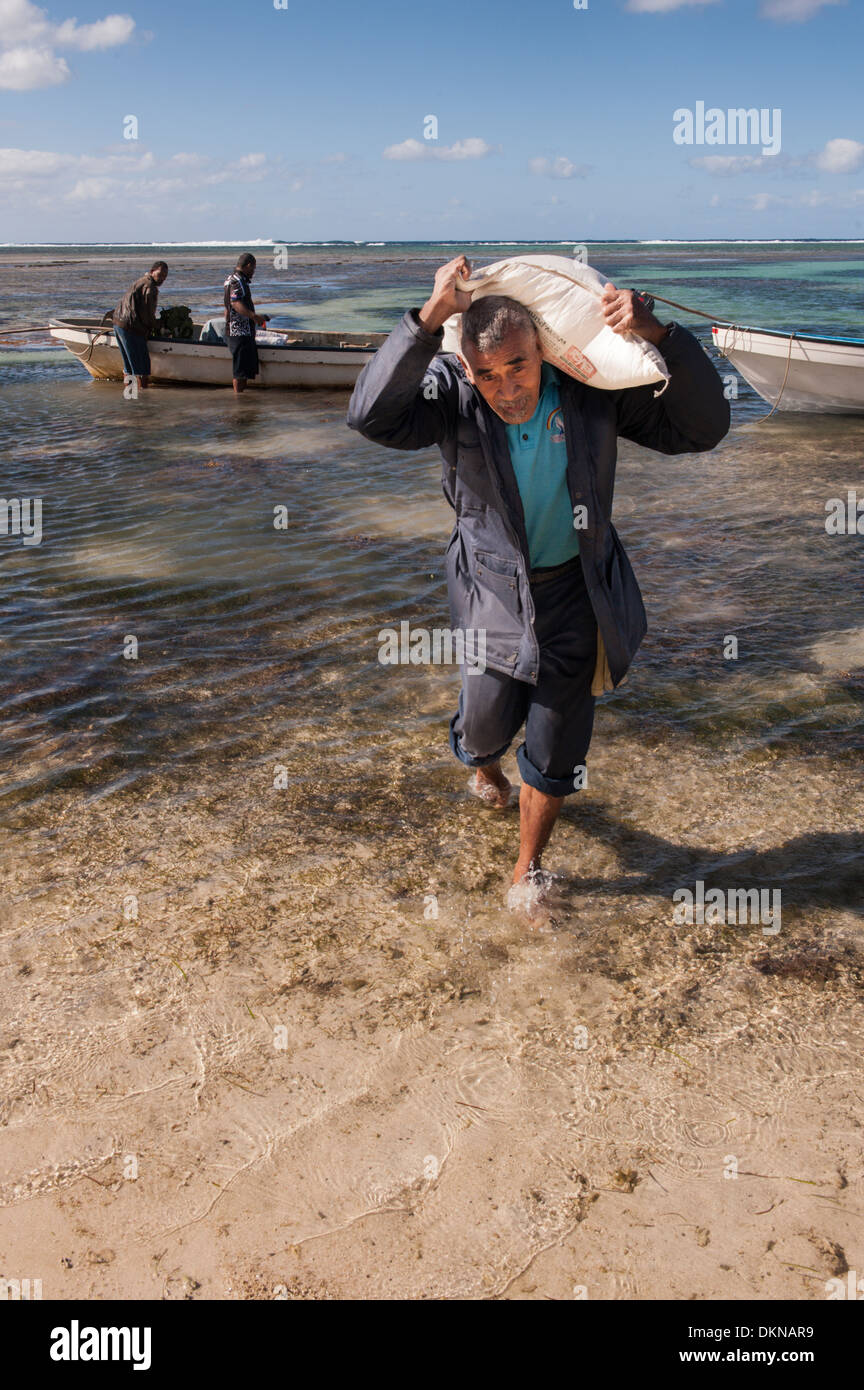 Les gens et les marchandises qui viennent d'arriver sur le bateau d'approvisionnement irrégulier de Suva à atteindre leur village sur Matuku, Fidji. Banque D'Images