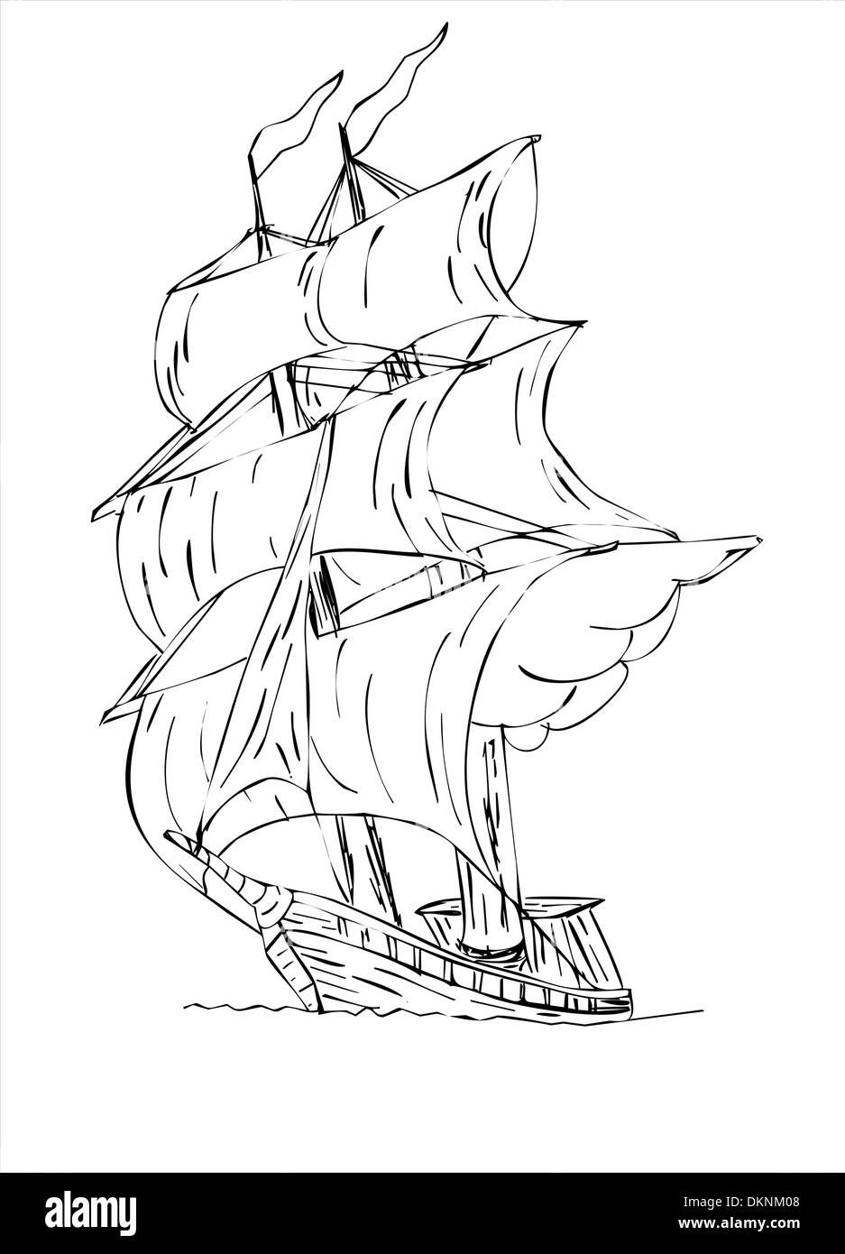 Illustration de grands mâts de navire à voiles avec des drapeaux et ouvert en haut de mâts. Banque D'Images